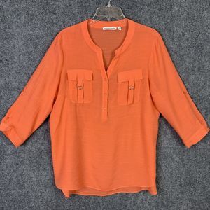 Notations 1/2 Button Front Shirt Women Sz L  Chest Pockets Pullover Hi-low Orang